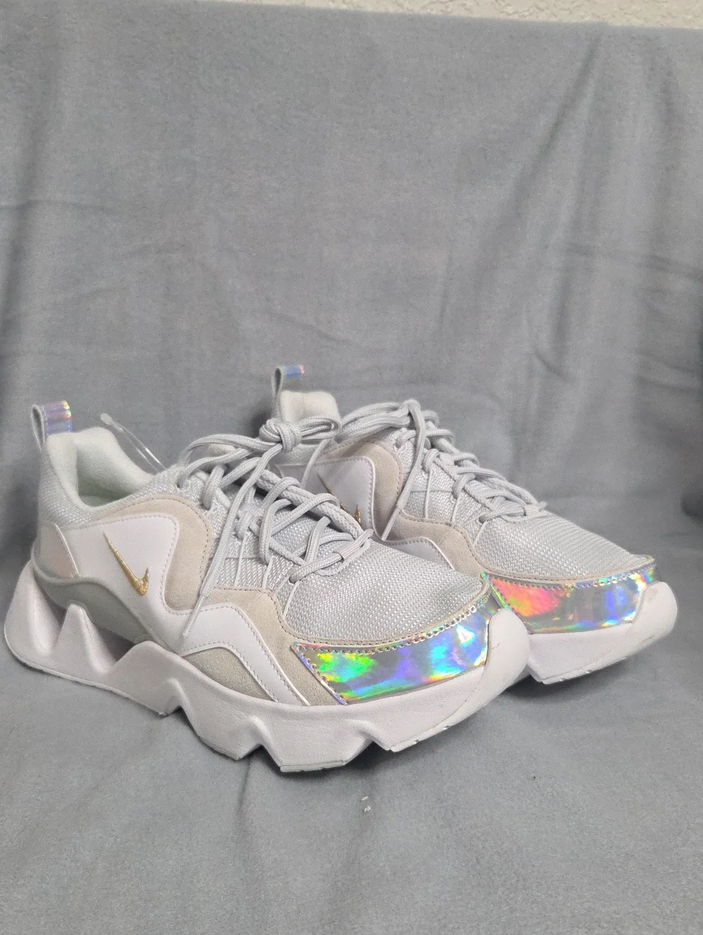 Nike Women’s White Sneakers with Iridescent Toe and Gold Swoosh